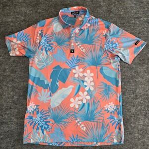 Bad Birdie Polo‎ Shirt Mens Size M Teal Peach Tropical Floral Golf Performance